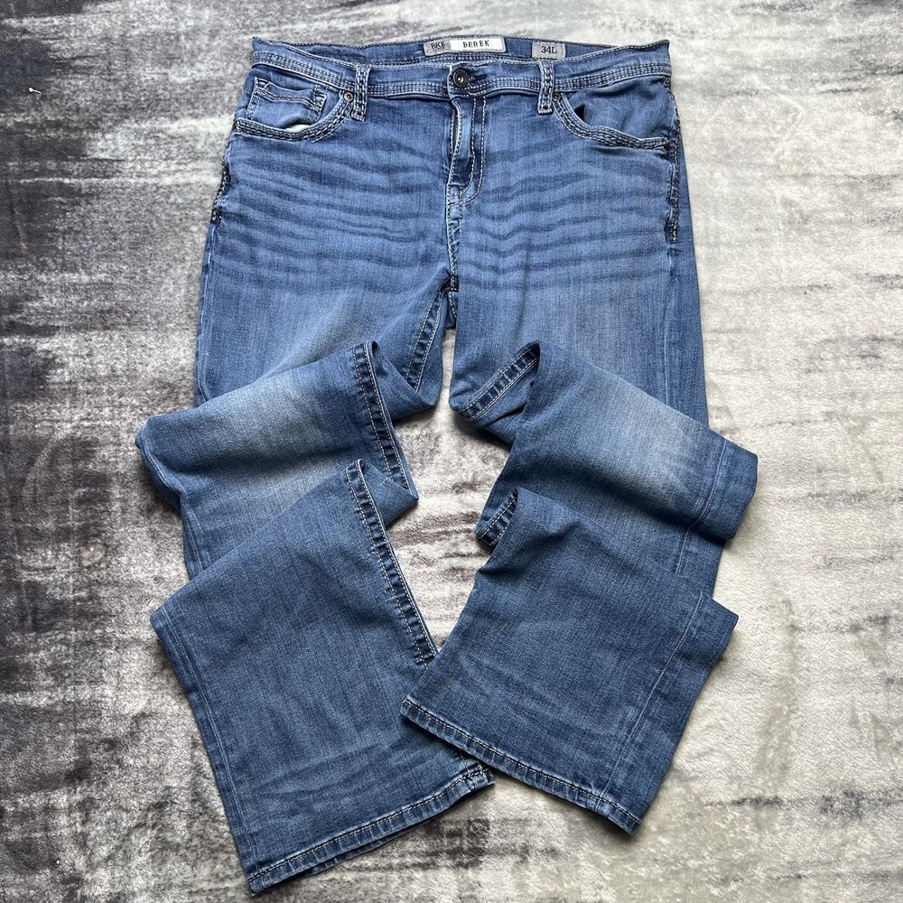 BKE Derek Jeans Mens 34L 34x33 Relaxed Boot Cut Blue Stretch Denim Thick Stitch